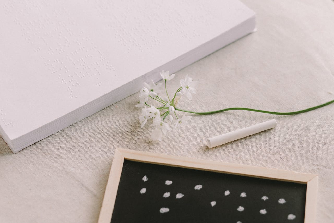 Flat lay of a Braille book, chalk, and flower on a fabric surface, promoting education inclusivity.